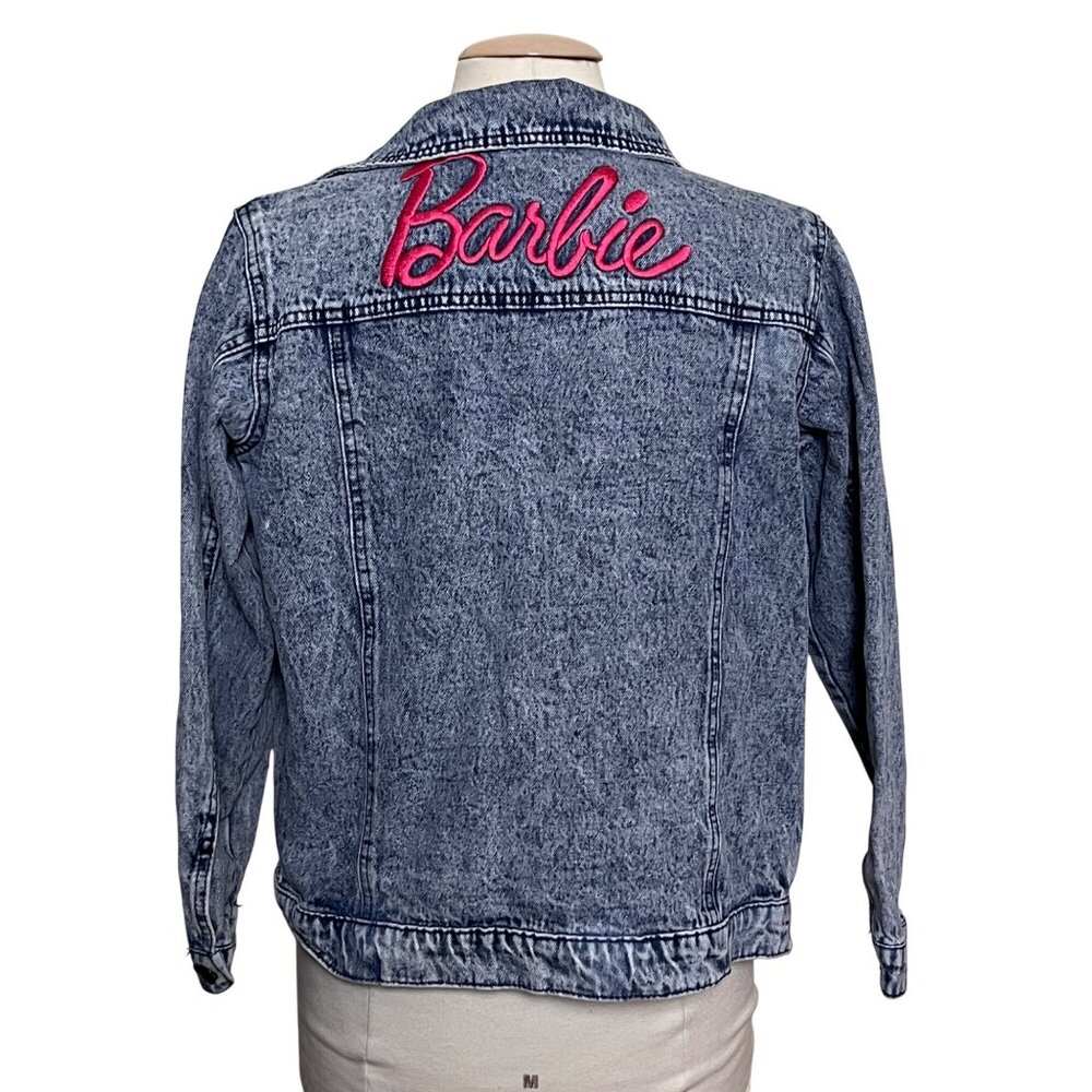 Barbie Girls Denim Trucker Jacket Size XL Acid Wash Pink Embroidered Logo Retro
